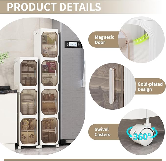 5 Tier Slim Bathroom Storage Cabinet, Foldable and Movable, White | Tools Free, ABS and PET, Magnetic Clear Door, Adjustable Shelves, Lockable Wheels, Water Resistant, For Narrow Space