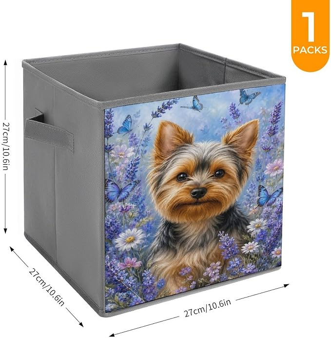 Yorkie Dog Lavender Butterflies Garden Storage Bin with Handles, Oxford Fabric Foldable Storage Cube Organizer for Clothes, Towels, Bedroom, Living Room, Home Organization