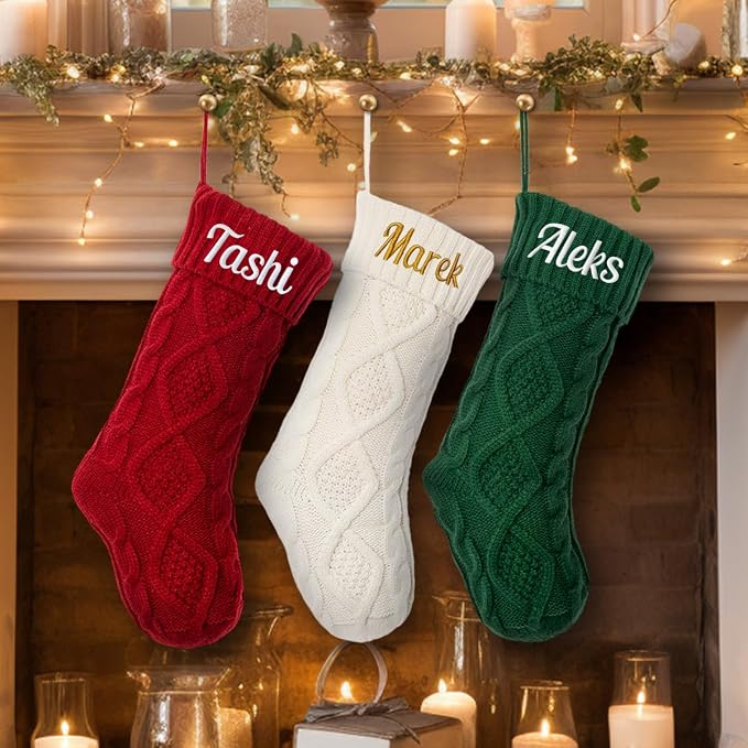 Personalized Christmas Stocking Large Custom Knitted Embroidered Name Xmas Stocking for Family Kids Pets Fireplace Party Decor