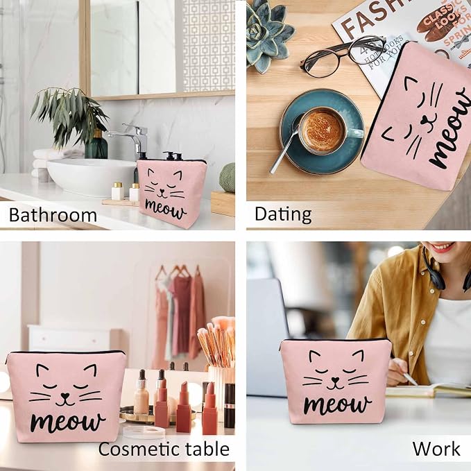 Cat Cute Cosmetic Bags For Women, Funny Kitten Cat Face Meow Roomy Makeup Bag Toiletry Bag Accessories Organizer Storage Bags Makeup Pouch For Travel Business Gym Camping Bathroom, Pink