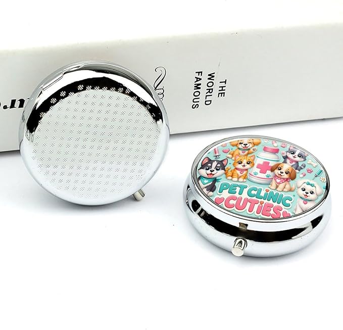 Cute Pet Clinic Playtime Party Round Pill Box with 3 Compartments, Portable Travel Pill Organizer with Spring Snap Closure for Vitamins Supplements Fish Oil