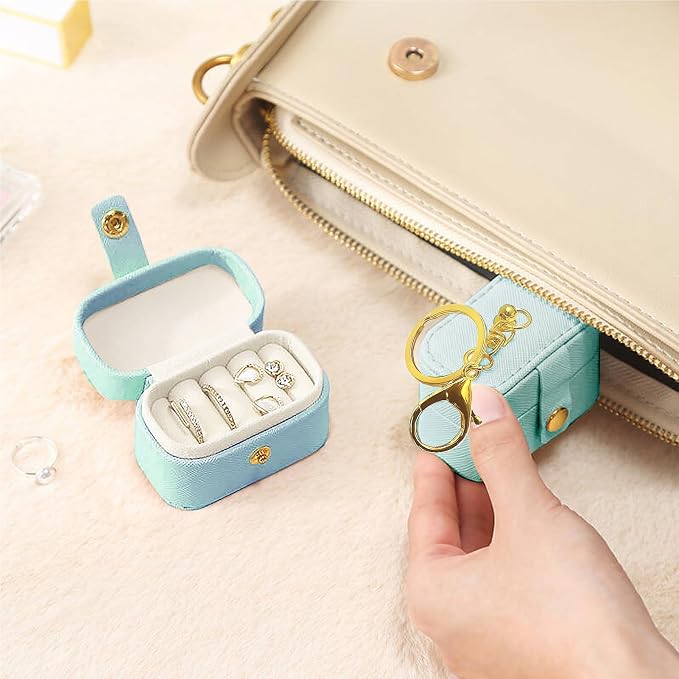 Wedding Ring Bearer Pillows Box for Dog Collar, PU Leather Travel Mini Ring Holder Pouch with Keychain Clip& Buckle Closure, Bridesmaid Gifts Jewelry Storage Case for Women Girls(Light blue)