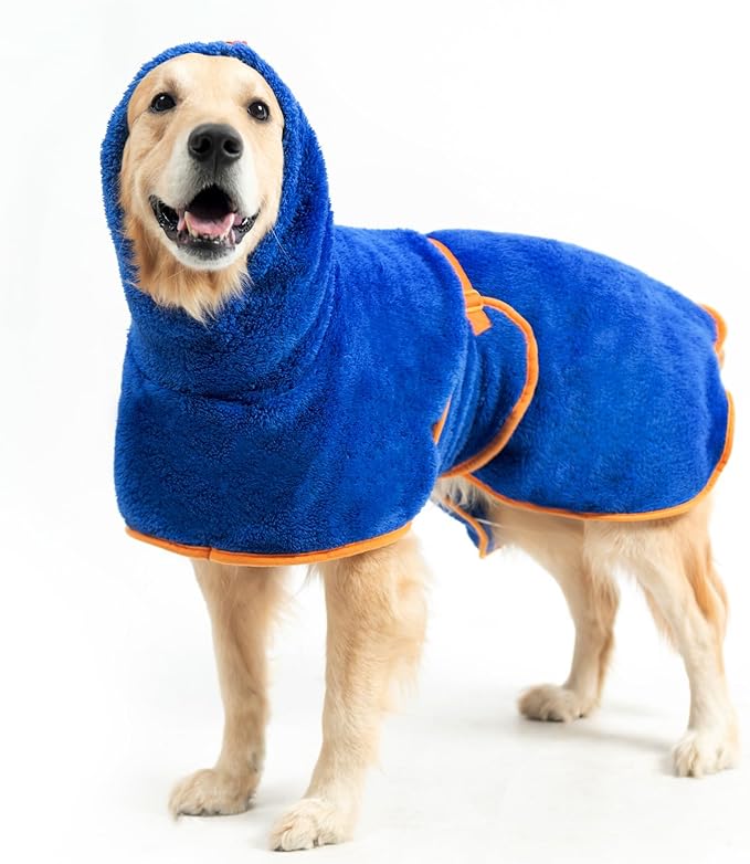 EXPAWLORER Soft Dog Bathrobe with Hood, Super Absorbent & Quick-Drying Dog Towels, Cozy Drying Coat for After Bath,Swimming, Blue XXL