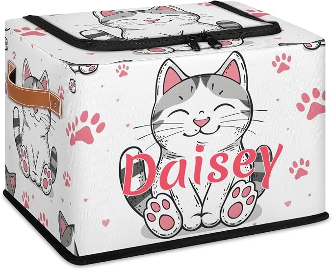 Custom Cute Cats Footprint Storage-Bin With Zipper Lid for Kids-Girls-Boys-Baby-Pet,Personalized Name Foldable Storage Box with Handle,Baby Basket With Label for Bedroom Nursery Toy Clothes,White