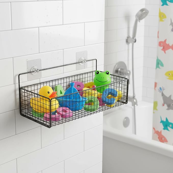 Bath Toy Storage, 2 Pack Metal Mesh Bath Toys Organizer for Bathtub Wall & Shower, Large Capacity Shower Toys Holder with Rustproof Hanging Basket Design for Restroom, Toilet, Bathroom, Kitchen-Black