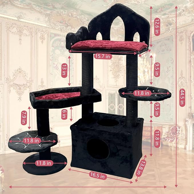 Gothic Cat Tree with Coffin Bed, Cat Tower with Scratching Post, Goth Cat Tower with Spacious Cat Condo Black Cat Tree with Regal Throne Bed, Black Spider Figurine