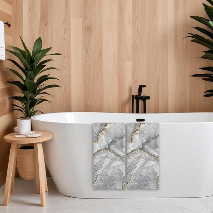 White Marble with Gold Veins Hand Towels,Set of 2 Absorbent Bath Towel Kitchen Dish Towel Home Gym Hotel Bathroom Decor,16x24 Inches