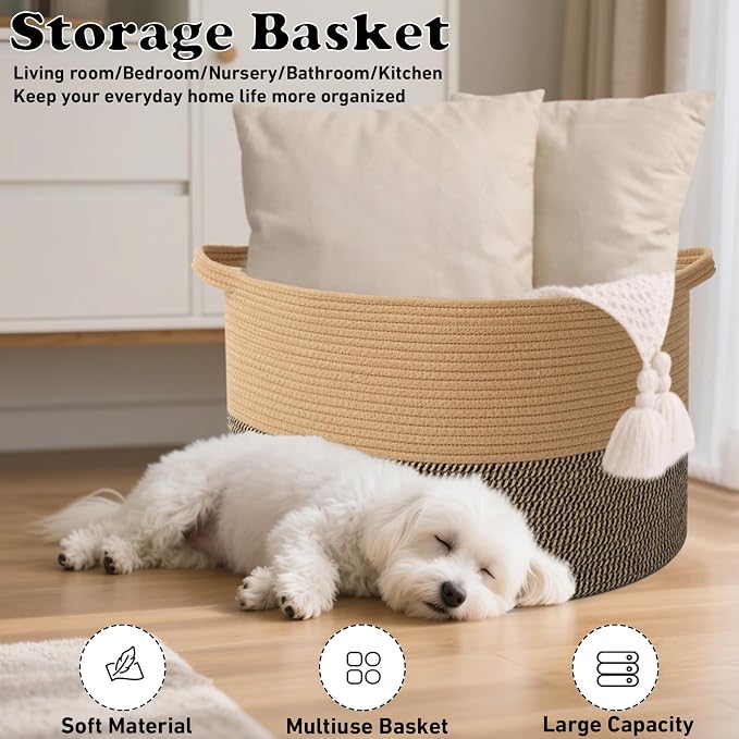 65L Large Blanket Basket,Rope Woven Laundry Baskets-Jute&Black | Collapsible, reinforced handles, nursery storage bin organizes clothes, toys and pillows for living room, bedroom bathroom
