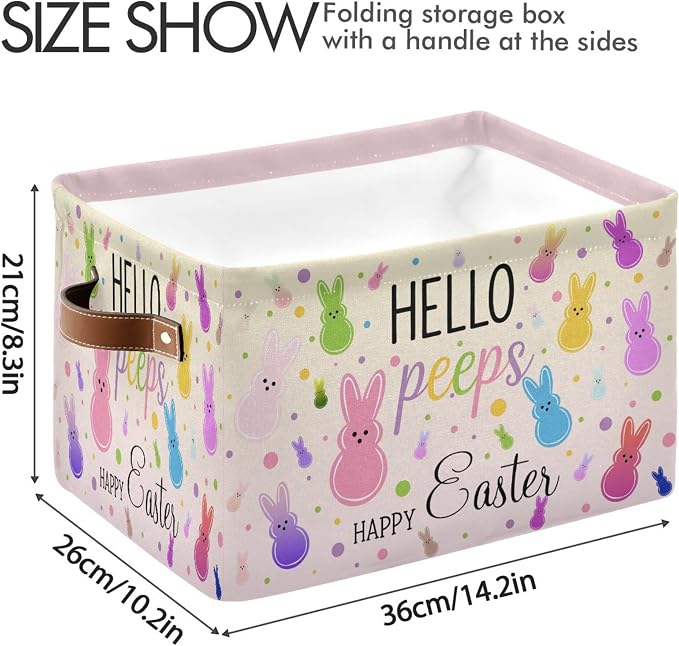 Happy Easter Day Peep Bunny Storage Basket with Waterproof Liner and PU Handles Easter Eggs Leopard Cheetah Storage Bins Boxes 14.2" Collapsible Decorative Organizer Baskets for Bedroom Closet 2 Pack
