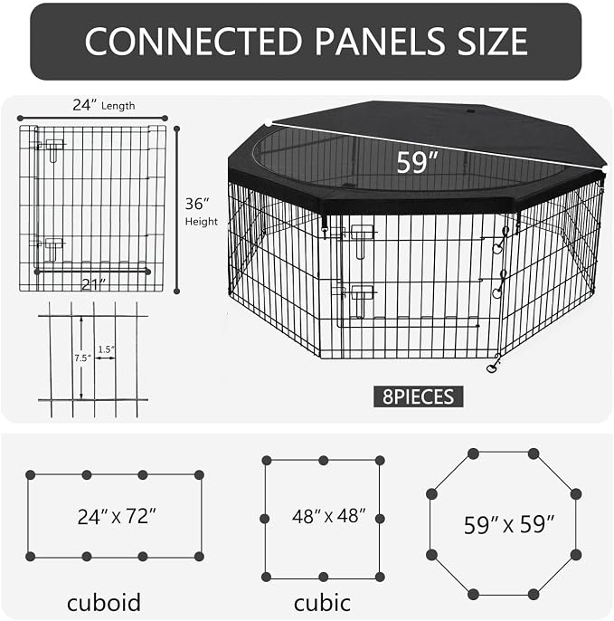 PETIME Foldable Metal Dog Exercise Pen/Pet Puppy Playpen Kennels Yard Fence Indoor/Outdoor 8 Panel 24" W x 36" H with Top Cover