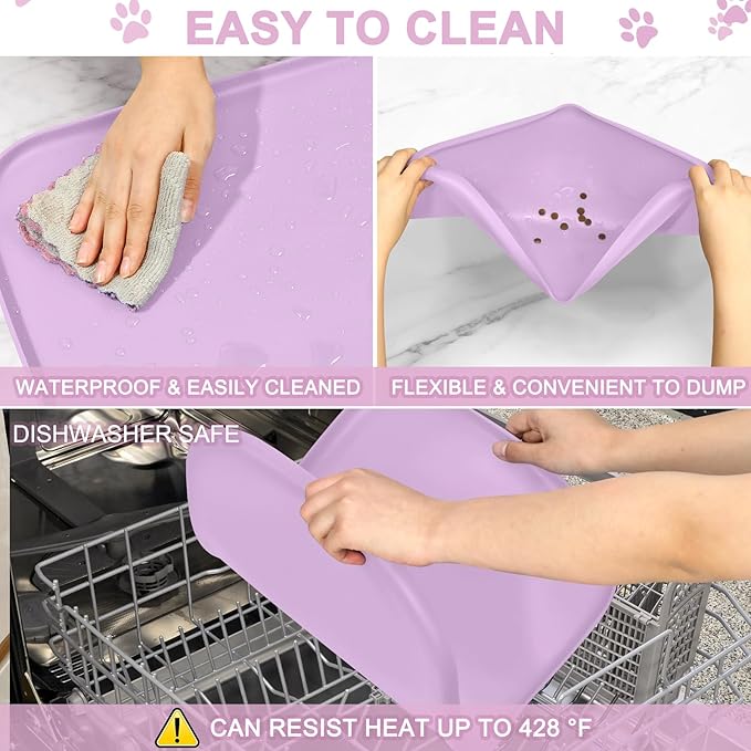 Smilool Silicone Pet Food Mat with Raised Edge for Food and Water Bowl, Dog Feeding Mats, Cat Food Trays for Floor Waterproof, Rubber Tray for Dogs and Cats, 22 x 14 x 0.8 Lavender