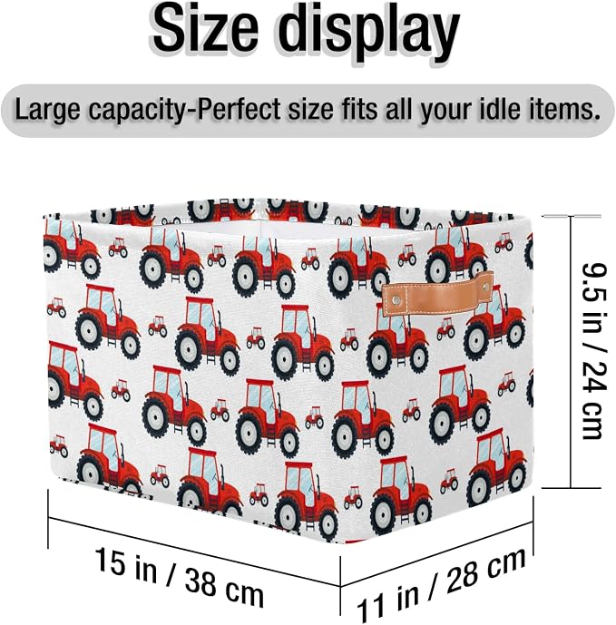 Red Tractor Rectangle Storage Basket Truck Car Foldable Storage Bin Cubes with Handles Large Organizer Bins Boxes Toy Closet Shelf Nursery Laundry Basket Home Decor