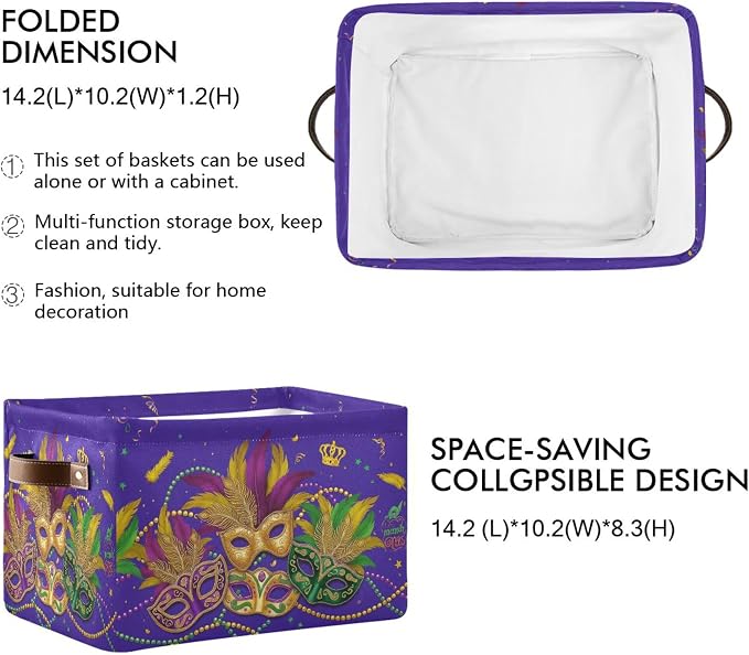 Mardi Gras Purple Storage Basket with Waterproof Liner and PU Handles Masquerade Mask Fleur de Lis Storage Bins Boxes 14.2" Collapsible Decorative Organizer Baskets for Bedroom Closet Office 2 Pack