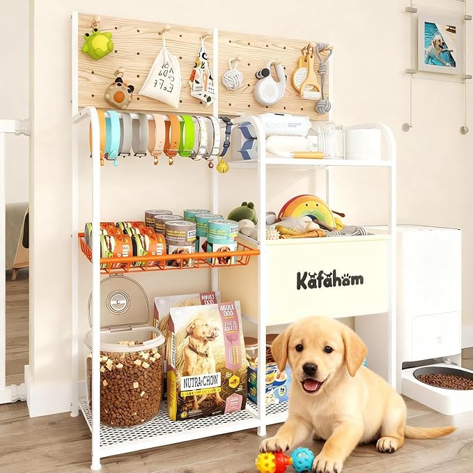 Dog Toy Basket with Pegboard, Dogs Toy Bin with Storage Organizer, All-in-One Dog Stuff Box & Essential Holder, Perfect Basket for Dog Toys in Living Room, Great Gifts for Pet Lovers, White
