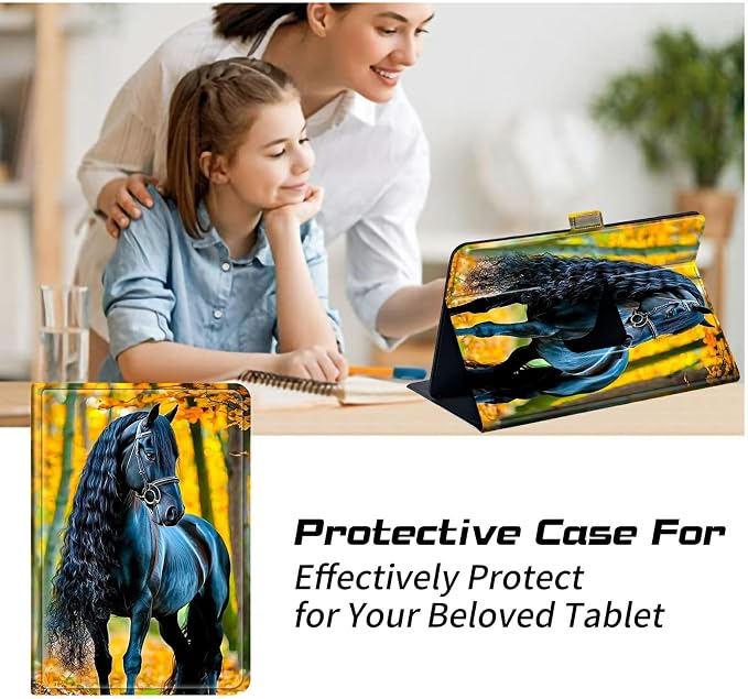 Universal Tablet Case for T-Mobile Revvl Tab 2 10.1" 2025/Revvl Tab 5G 10.36" 2023, 360 Degree Rotating Kickstand Protective Stand PU Leather Cover for 9"-10.5", Maple Leaf Black Horse
