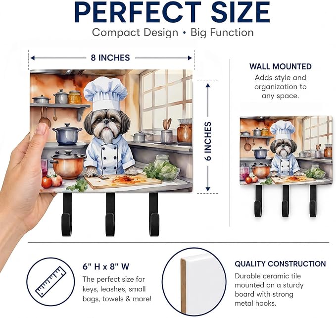 Caroline's Treasures Shih Tzu The Chef Leash or Key Holder Wall Hooks, Key Hooks Holder, Coat Rack Wall Mount, Coat Hooks, Hooks for Hanging Keys, Towels, Aprons, Leashes | Shih Tzu The Chef artwork on ceramic tile with three steel hooks for keys, leas...