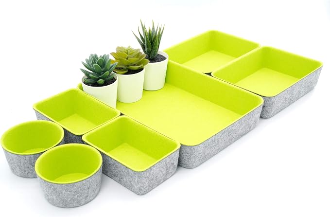 Welaxy Felt Drawer Organizer Bin 7 pc Green Desk Nightstand Catchall Tray