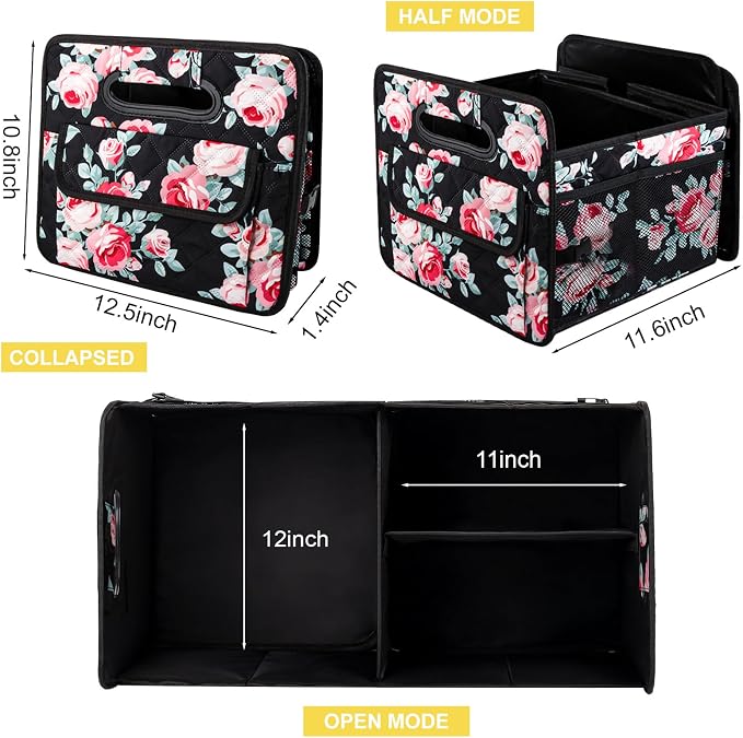 Car Trunk Organizer for SUV, Collapsible Car Storage Organizer Black Floral | Sturdy, Large Capacity, Diamond Decor, Multi Compartment Container Box Adjustable Car Accessories for Sedan Truck