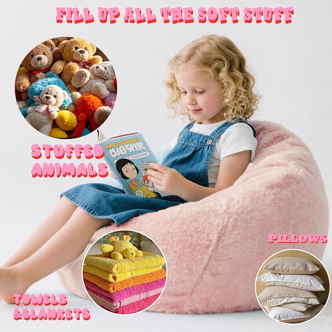 LPMOERA Fluffy Faux Fur (No Filler) Stuffed Animal Bean Bag Storage Covers for Kids Snow Grey