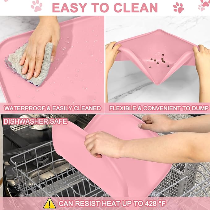 Smilool Silicone Pet Food Mat with Raised Edge for Food and Water Bowl, Dog Feeding Mats, Cat Food Trays for Floor Waterproof, Rubber Tray for Dogs and Cats, 19 x 12 x 0.7 Sakura Pink