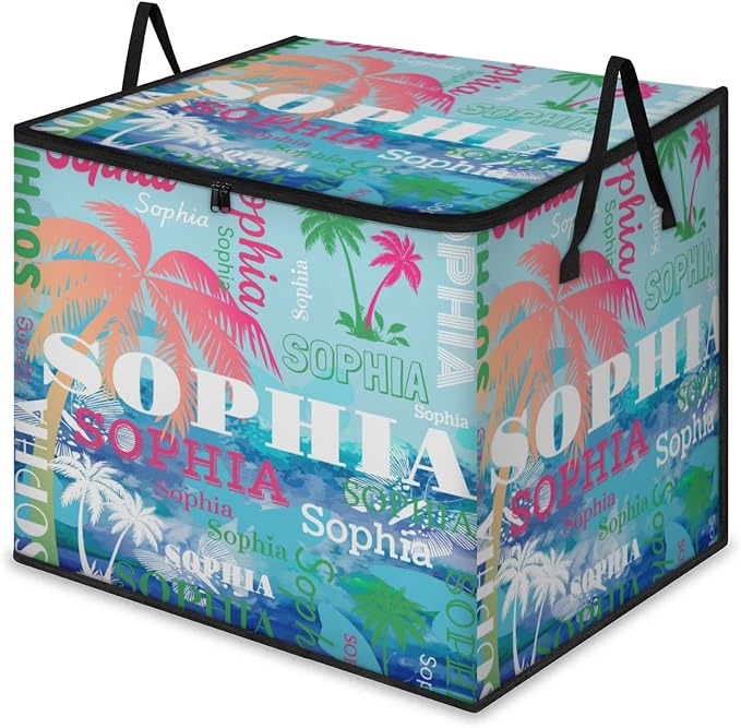 Personalized Name Foldable Storage Basket Cubes with Lid, Laundry Hamper Dirty Clothes Storage Bin with Handles for Shelf Home Closet Kitchen, Painted Blue Butterflies with Pink Green Tropical Trees