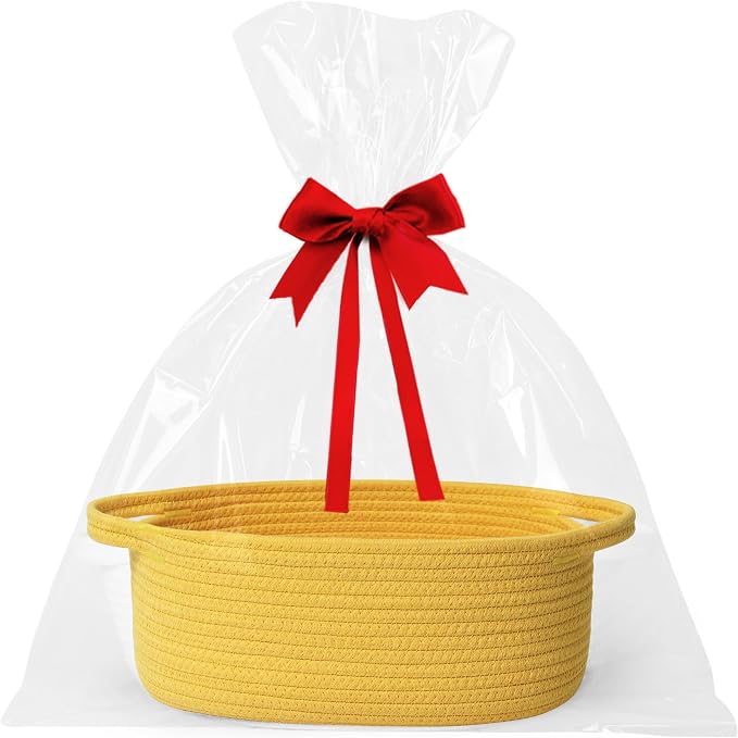 WILLITAT Yellow Basket for Gifts Empty, 13"x 9"x 5" Small Woven Gift Basket with Bag and Ribbon, Cotton Rope Dog Cat Toy Bin Box, Cute Baby Nursery Organizer, Decorative Storage with Handles, Yellow