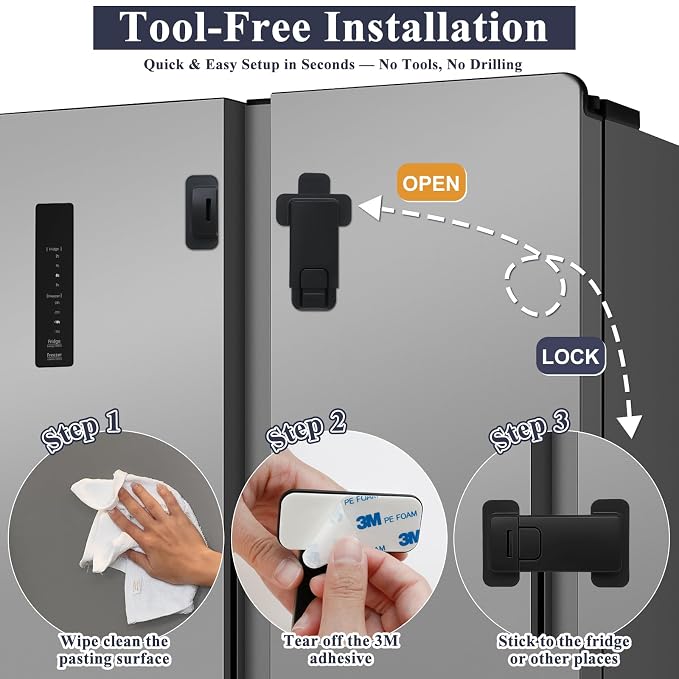 French Fridge Locks for Kids, 1 Pack Baby Safety Refrigerator Lock, Pet/Child Proof Freezer Latch, Cabinet Cupboard Lock with 3M Adhesive, Tool-Free, Drill-Free Install (Matte Black)