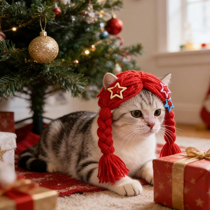 DOITOOL Red Cat Braid Wig Featuring Clip-on Attachment, Yarn Braided Pigtail Hairpiece for Pets, Reusable and Washable Costume Accessory for Halloween and Holiday Celebrations