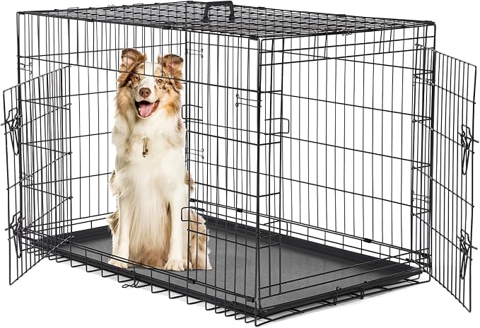 Sweetcrispy Dog Crate 42 Inch, Medium Large Dog Cage, Foldable Pet Kennel | Double Door, Metal Kennel, Secure Lock, Removable Tray, Indoor Outdoor Training Travel