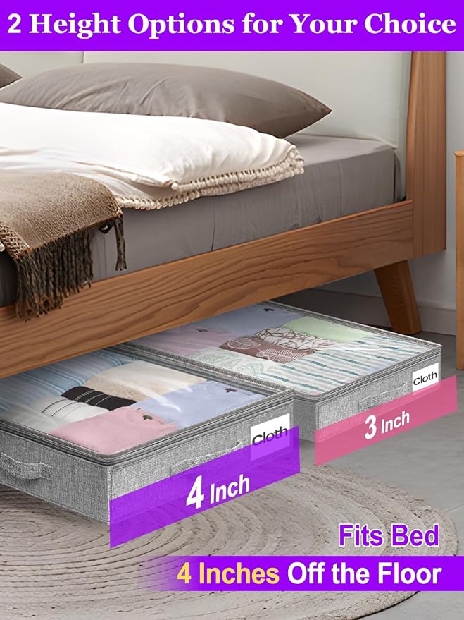 4-in Low Profile Under Bed Storage, No Structure, 2-Pack, Gray | 4" Ultra-Slim, Clear Lid, Reinfoced Handles & Smooth Zips, Dustproof & Waterproof, for Low Bed, Couch, Crib Storage