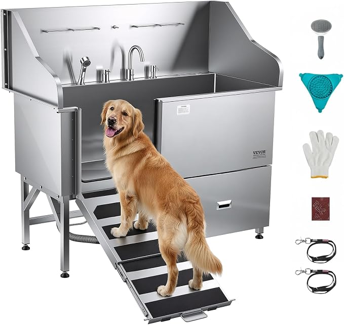 VEVOR Professional 304 Stainless Steel Dog Bathing Station, 61 inch Pet Grooming Tub w/Anti-Slip ramp, Storage Drawer, Cold Hot Faucet Showerhead, for Large & Medium & Small (Left Door, with Drawer)