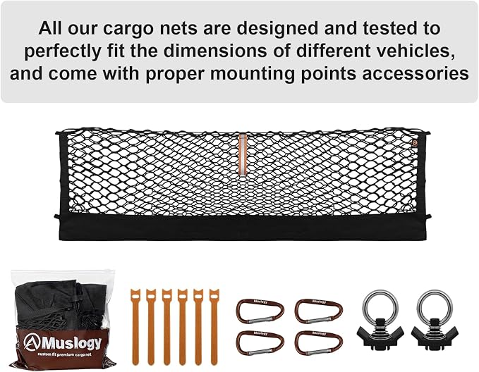 Muslogy Cargo Net for 2015+ Ford F150 & 2017+ F250/F350/F450 (Tie Down) | Custom Fit, Truck Bed Storage Organizer Net for Pickup Truck Bed Divider, Heavy Duty Carabiners, Night Visible Grab Handle
