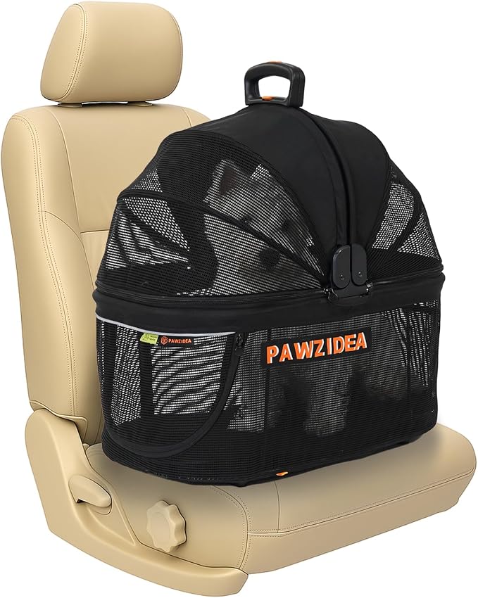 PAWZIDEA Portable Small Dog Crate for Car Travel Up to 33lbs, No-Zip Canopy | Enclosed Dog Car Seat Escape-Proof, Soft-Sided Small Medium Puppy Cats Car Kennel, Foldable Pet Carrier by Seatbelt, Top-Load
