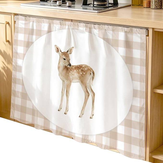 Resting Fawn Cabinet Dishwasher Hidden Curtains, Privacy Closet Door Curtain, Natural Animals Farmhouse Modern Plaid Adhesive Dust Proof Under Sink Skirt for Bathroom Kitchen 35"x35"