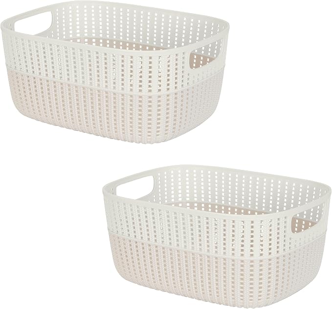 Simplify 2 Pack 2 Tone Sailor Knot Plastic Storage Tote | Decorative Basket | Closet Organization | De-clutter | Accessories | Toys | Bathroom Organization | Large | Ivory
