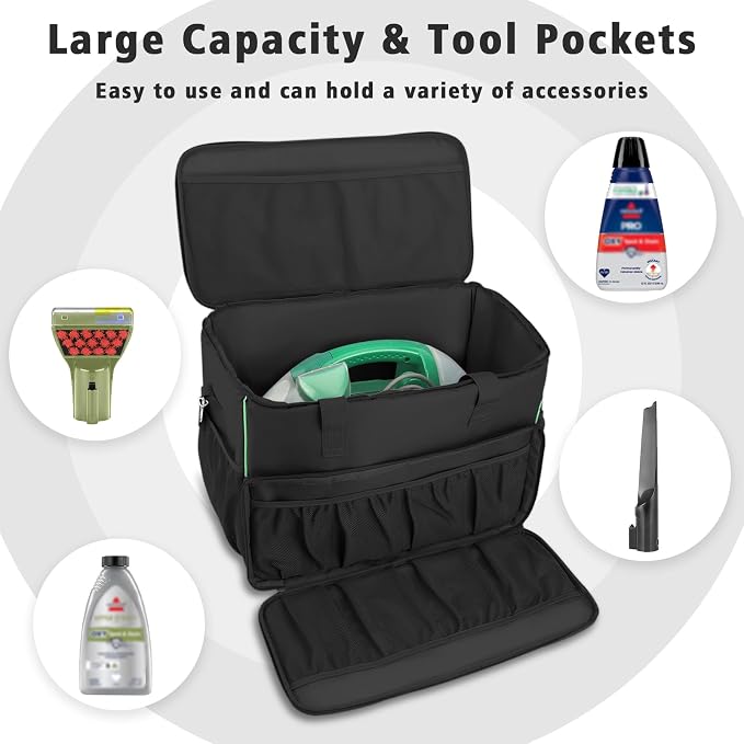 Carry Bag for Bissell Little Green Machine 1400B, Large Capacity, Black | Carrying Case for Bissell Carpet Cleaner, Car Vacuum Attachments Cleaning Tools Organizer, Cleaner Solution Pocke (Bag Only)