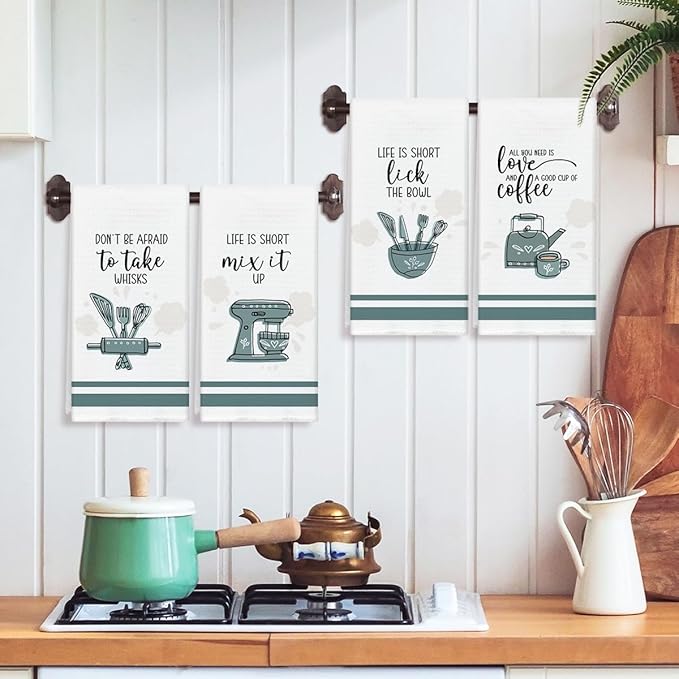 Funny Coffee Kitchen Towels and Dishcloths Set of 4, Farmhouse Decorative Hand Towel Drying Cloth for Bathroom Cooking Baking, Housewarming Gift for Hostess, Women, 16x24 Inches -05