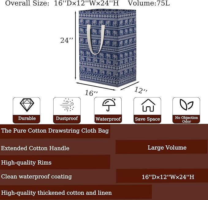 Waterproof Laundry Hamper Collapsible Laundry Basket Extended Cotton Handle Laundry Bag Large Clothes Storage Toy Organization for Bathroom Bedroom Laundryroom College Dorms