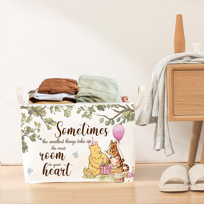 Winnie Nursery Decor, the Pooh Baby Stuff, Winnie Storage Nursery Basket, Large squarecanvas Laundry Hamper With A Waterproof PECoating, Foldable, Toys Bin, Baby Nursery HamperDecor, Star