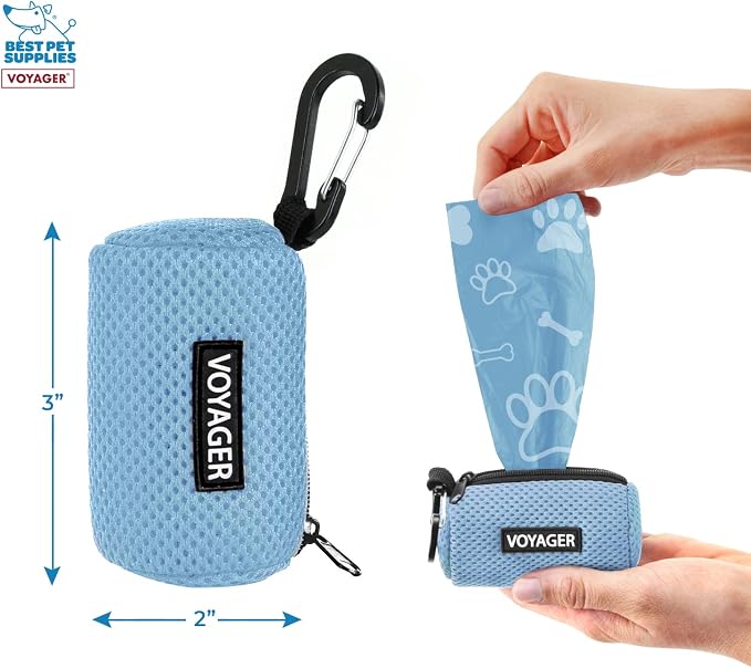 Best Pet Supplies Dog Poop Bag Holder Leash Attachment with Reusable Dispenser for Travel, Walking, Park, and Outdoor Use, Durable with Clip-On - Baby Blue, Mesh Dispenser w/15 Bags