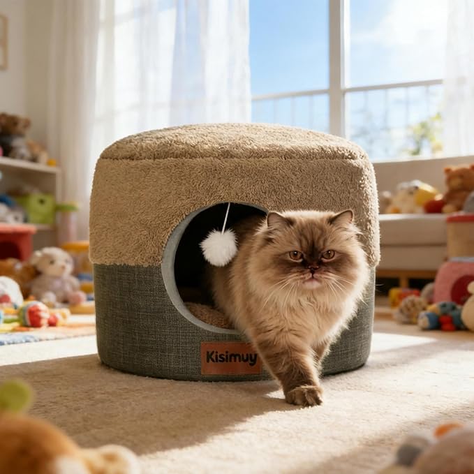 2-in-1 Cat Bed Cave, Cozy Covered Cat Beds for Indoor Cats,Pet Bed | 17.7"D x 13.8"H, Cave To Bed In Seconds, Cat Hideaway for Kittens & Small Dogs, Hanging Cat Toys, Machine Washable Dog Bed