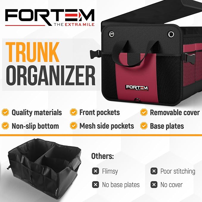 FORTEM Trunk Organizer - Collapsible Car Organizer & Storage Bag for SUVs | Car Accessories for Men & Women, Cooler Bag, Non Slip Bottom, Straps, Soft Cover, 1680D Oxford, 6 Compartments, Red, 90L