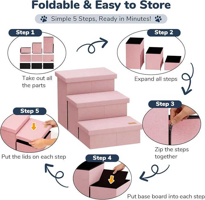 3-Step Wide Dog Stairs with Hidden Storage 18" H, Non-Slip Dog Steps for High Bed Couch Window Car, Jiont-Friendly Pet Stairs Ramp for Small/Medium/Large Old Dogs Cats Up to 200lbs, Pink