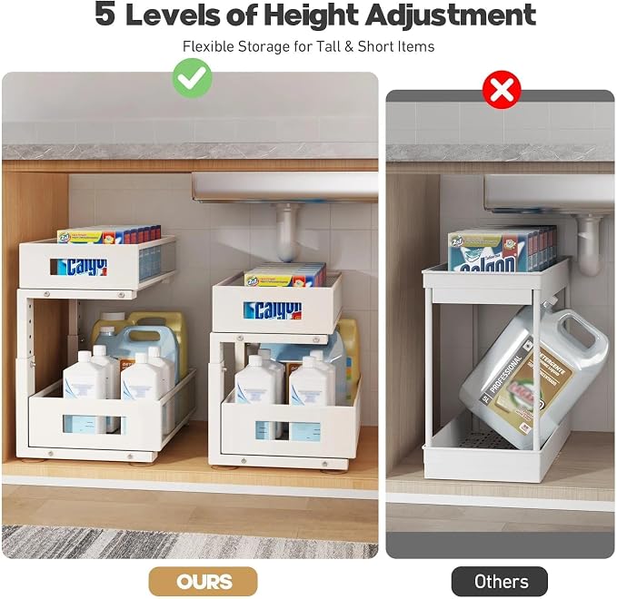 Under Sink Organizer, 2-Tier Dual Pull Out Cabinet Organizer Drawers With Smooth Circular Rail, Large Capacity Metal Mesh Sliding Shelves For Bathroom& Kitchen Storage,Height Adjustable–White,2 Packs