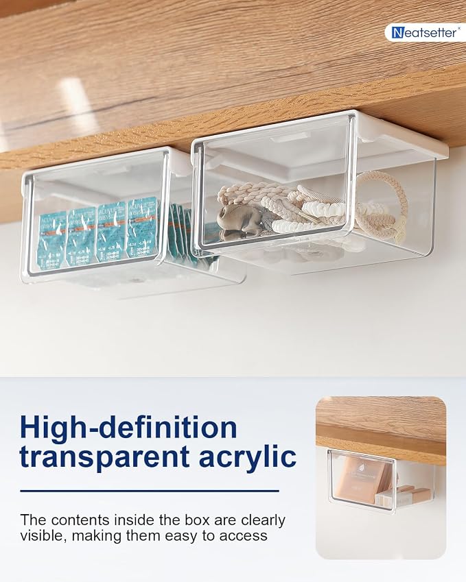 Hanging Cabinet Organizer – 33° Tilted Under Desk Drawer & Bathroom Storage – Self-Adhesive Clear Pull-Out Bins for Kitchen, Office & Vanity (Medium)