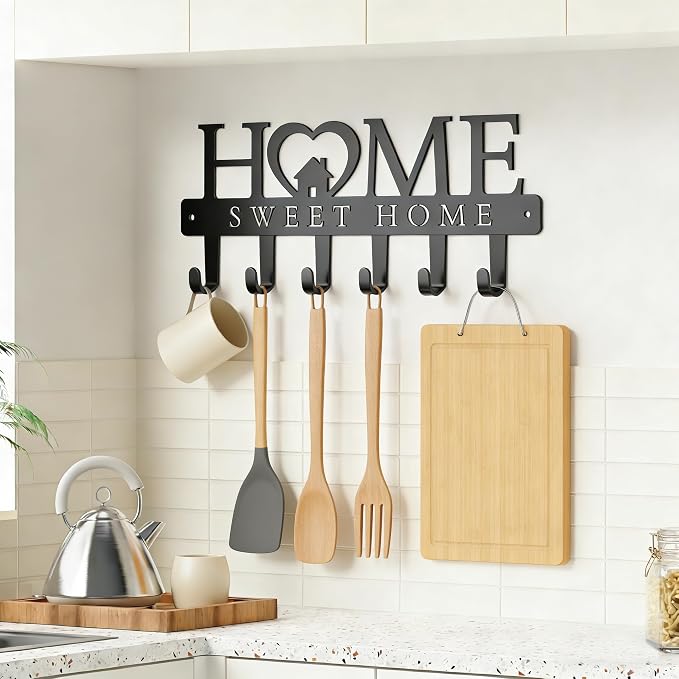 Wide-Spaced Home Sweet Home Key Holder Wall Mount, 6 Hook Rust-Proof Key Rack with House & Heart Decor, 13.5 Inch Entryway Organizer for Front Door, Kitchen, Pratical Family & Housewarming Gift