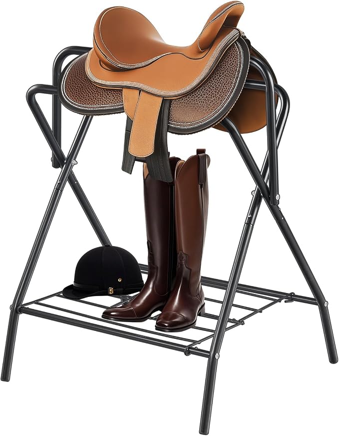 VEVOR Folding Saddle Rack, Freestanding Horse Saddle Stand, Portable Horse Blanket Holder, Heavy Duty Steel Saddle Rack for English & Western Saddles, Tack Storage, 28 x 19 x 37.5 in, Black