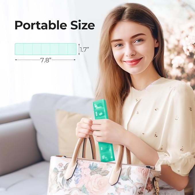 AUVON Weekly Pill Organizer with Effortless Opening Design, BPA-Free | Arthritis Friendly Pill Box, Cute Pill Organizer 7 Day, Portable Pill Case for Vitamins, Supplements and Medications, Cyan