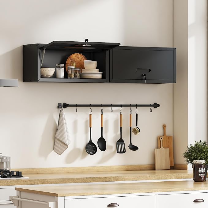 Metal Wall Cabinet,Wall Mounted Garage Cabinets with Lockable Up-Flip Door,Black Hanging Storage Cabinet 130 lbs Capacity,Floating Cabinet for Tool Organization in Basement,Workshop,Kitchen