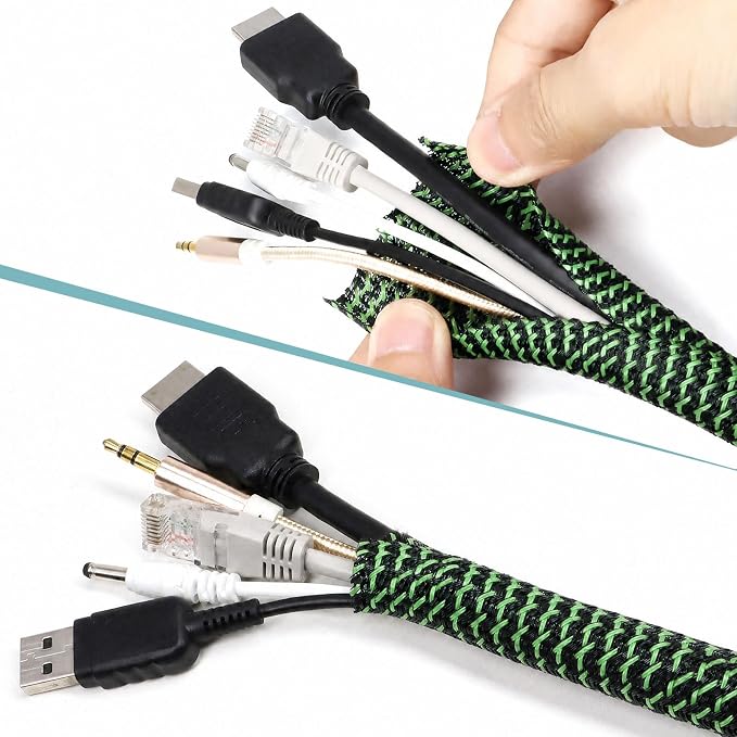 PET Braided Cable Sleeve Wire Protector Cable wrap Wire Covers for Cords Cable Sleeves Cord Management Cable Management Sleeve(10 Feet, Green Black, 13mm(1/2 inch))